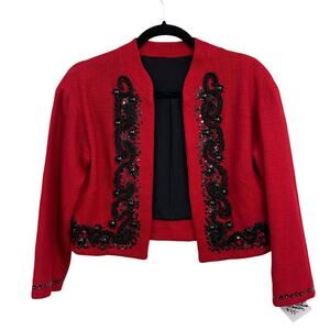 Vintage Red Wool Bolero Black Beaded Sequined Crop Jacket Holiday Tweed